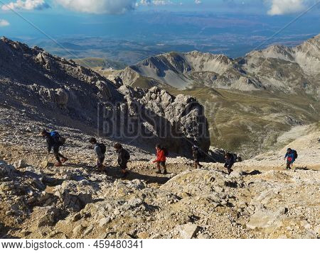 Gran Sasso, Italy - August 6, 2022: View Of The Pathway To The Summit Of Corno Grande In The Gran Sa
