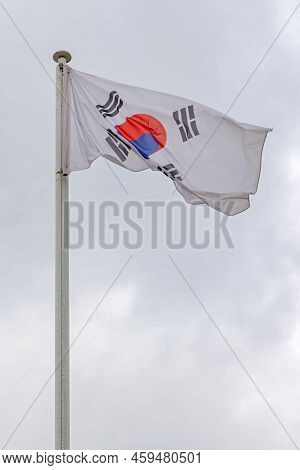 National Flag Taegeukgi Republic Of South Korea At Cloudy Sky