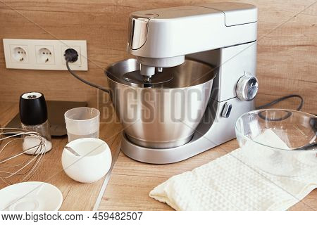 Silver Food Processor In Kitchen Interior, Kitchen Electric Mixer On Table, Modern Kitchen Appliance