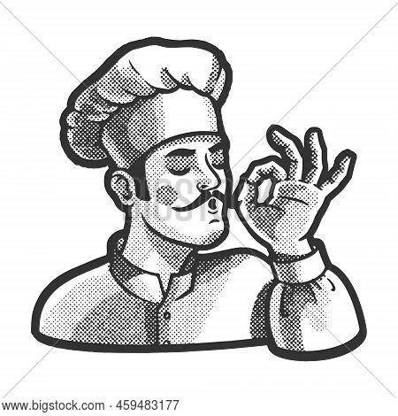 Bellissimo Gesture Chef Cook Sketch Halftone Pattern Vector Illustration. Scratch Board Imitation. B