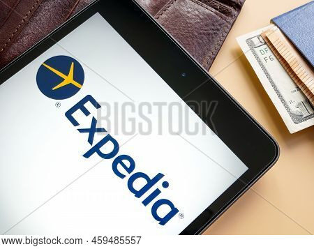 Kyiv, Ukraine - July 21, 2022. Expedia Logo Near A Map.
