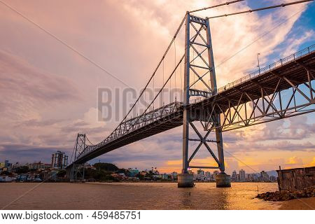 May 1, 2022. Florianopolis, Brazil. Hercilio Luz Cable Stayed Bridge With Sunset Tones In Florianopo