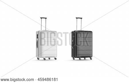 Blank Black And White Suitcase With Handle Mockup, Half-turned View, 3d Rendering. Empty Suit Case O