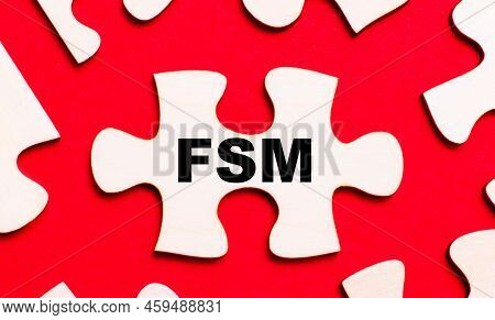 On A Bright Red Background, White Puzzles. In One Of The Pieces Of The Puzzle, The Text Fsm Field Se