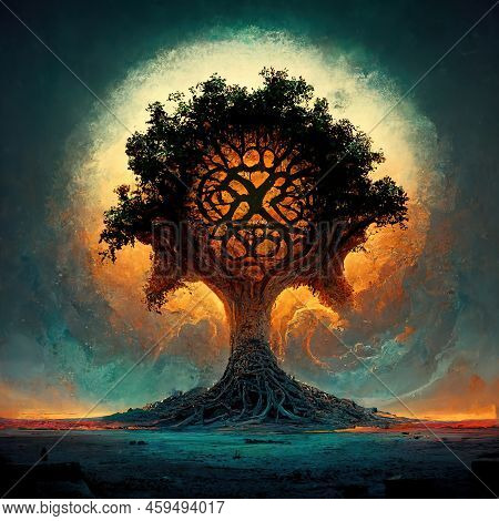 Beautiful Illustration Of Magic Tree Of Life, Sacred Symbol. Personal Individuality, Prosperity And 