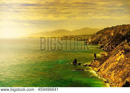 Spanish Coast Landscape In Andalucia. Cliffs Of Maro Cerro Gordo Natural Park, Near Maro And Nerja, 