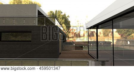 Wooden Terrace. Steel And Glass Fence. Wall Decoration Is Dark Facade Board And White Brick. Colorfu