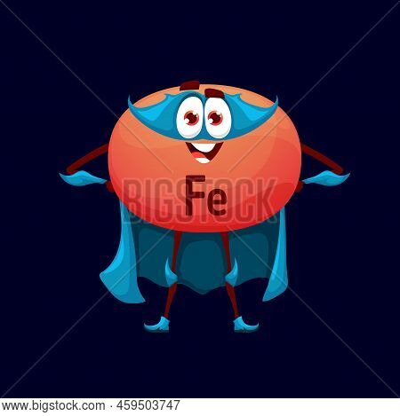 Cartoon Ferrum Or Iron Superhero Character. Isolated Vector Funny Fe Mineral Or Micronutrient Bubble