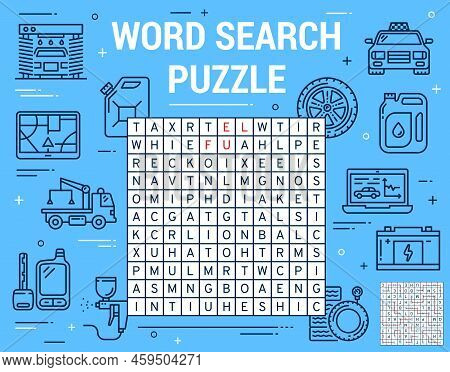 Car Spare Parts And Garage Station. Word Search Puzzle Game Worksheet. Kids Playing Activity Vector 