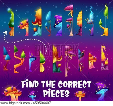 Find The Correct Half Piece Of Magic Mushroom. Game Worksheet. Kids Educational Game Vector Workshee