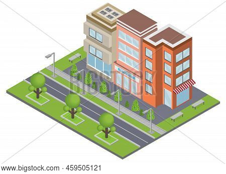 Suburbia Buildings Concept With Real Estate And Ownership Symbols Isometric Vector Illustration