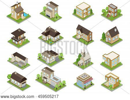 Suburbia Buildings Icons Set With Townhouses And Church Isometric Isolated Vector Illustration