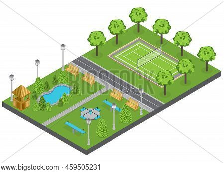 Suburbia Park Composition With Trees Pond And Sports Ground Isometric Vector Illustration