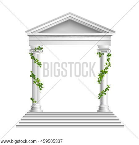 Realistic Columns Decorated Green Leaves With Roof And Base With Stairs Composition On White Backgro