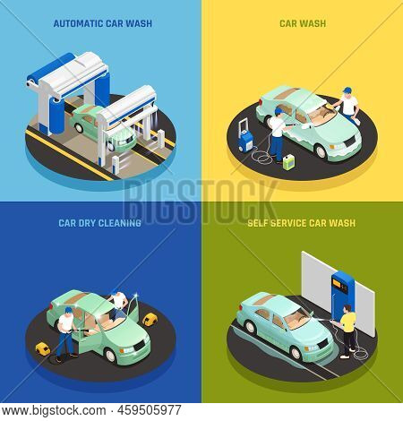 Carwash Concept Icons Set With Self Service Car Wash Symbols Isometric Isolated Vector Illustration