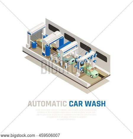 Carwash Service Isometric Consept With Automatic Car Wash Symbols Vector Illustration