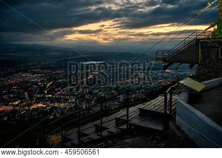 Cable Car Station On Mashuk Mountain At Night, Pyatigorsk, Russia. Nice Skyline, Landscape Of Pyatig