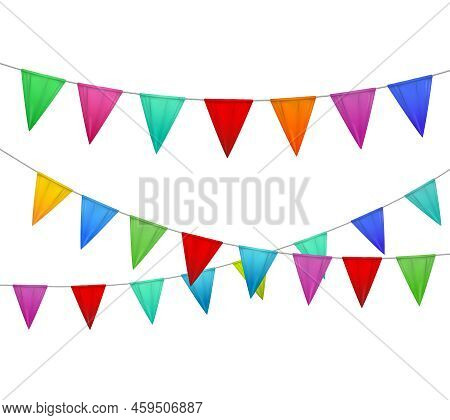 Decorative Colorful Party Slingers Pennants Red Blue Yellow Orange Pink Against White Background Rea