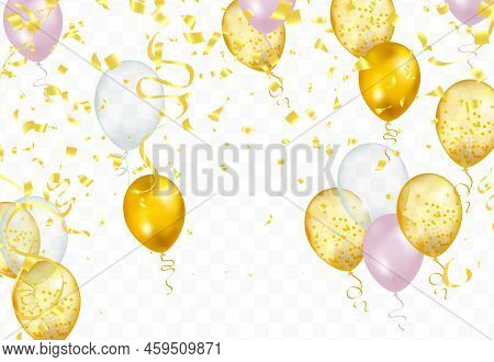 Balloons With Gold Isolated On Translucent Background With Reflection. 3d Illustration Of Celebratio