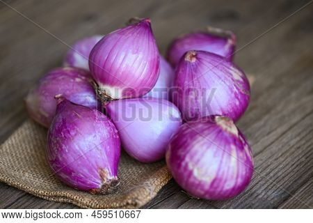 Shallots Or Red Onion, Purple Shallots On Wooden Background , Fresh Shallot For Medicinal Products O