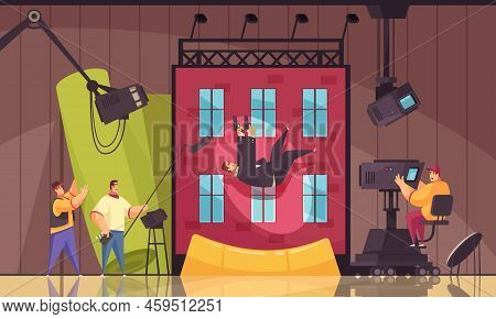 Cinema Motion Movie Filming Process Cartoon Composition With Shooting Stunt Performer Falling From B