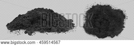 Black Soil Pile, Dirt Or Humus Mound In Front And Top View Isolated On Transparent Background. Vecto