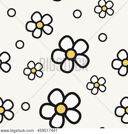 Hand-drawn Abstract Chamomile Flowers In A Seamless Pattern On A White Background. Repeating Floral 
