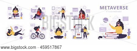 Metaverse Concept. Women In Virtual Glasses Learning, Meditating, Working And Doing Sport. Girls Wea