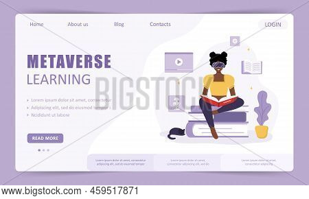 Metaverse Learning Landing Page Template. African Woman In Vr Glasses Sitting And Reading Books. Mod