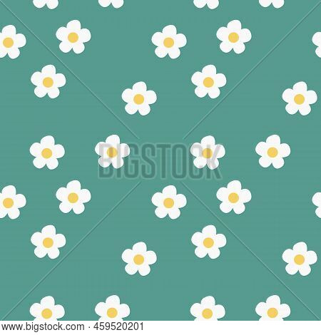 Hand-drawn Abstract Chamomile Flowers In A Seamless Pattern On A White Background. Repeating Floral 