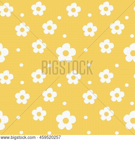 Hand-drawn Abstract Chamomile Flowers In A Seamless Pattern On A White Background. Repeating Floral 