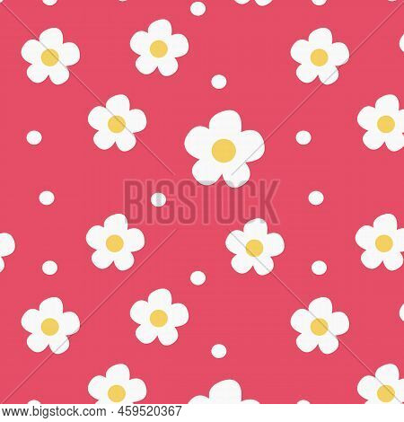 Hand-drawn Abstract Chamomile Flowers In A Seamless Pattern On A White Background. Repeating Floral 