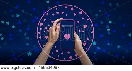 Women Hands With Smartphone Surrounded By A Semantic Bubble Or A Filtration Bubble. Hearts On Screen