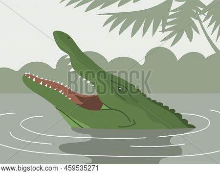 Green Crocodile With Open Mouth. Head In The Water. Aquatic Carnivorous Reptile. Toothy Alligator An