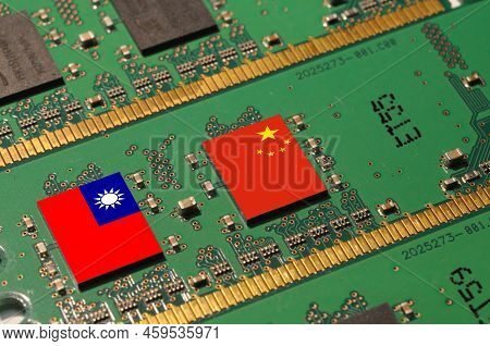 Flag Of The Republic Of China And Taiwan On Microchips Over A Ddr Memory Module For Computer. Taiwan