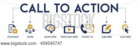 Set Of Vector Icons - Call To Action With The Icon Of Download, Share, Learn More, Watch Our Video, 