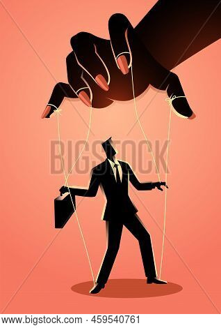 Vector Illustration Of A Businessman Being Control By A Woman Puppeteer