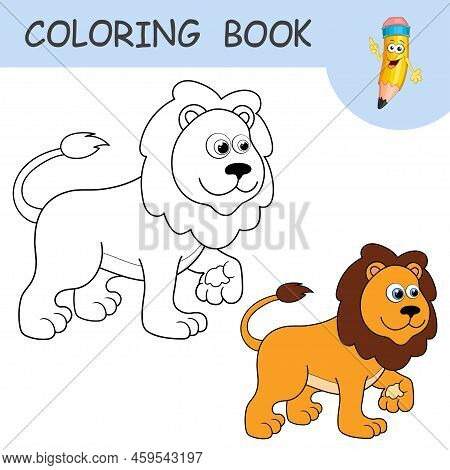Coloring Book With Fun Character Lion. Colorless And Color Samples Wild Lion On Coloring Page For Ki