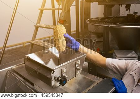 The Baker Puts The Molded Dough Into The Receiver Of The Conveyor. Product Quality Control. One Of T