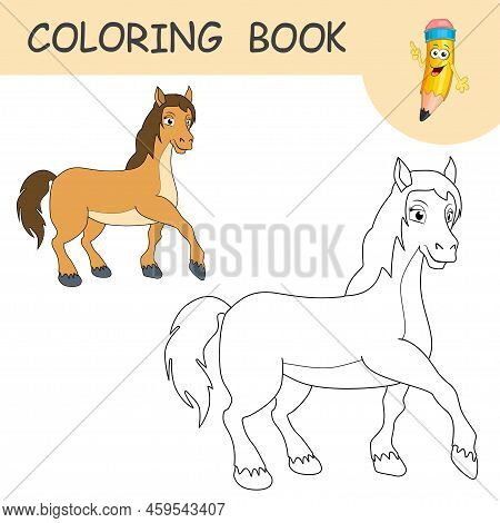 Coloring Book With Fun Character Horse Or Pony. Colorless And Color Samples Mare On Coloring Page Fo