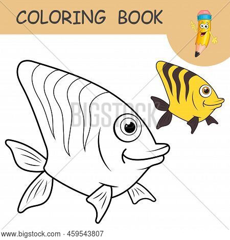 Coloring Book With Funny Yellow Fish. Colorless And Color Samples Coral Fish On Coloring Page For Ki