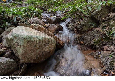 Water Flow On Tat Moel Waterfall At Khuntan Mountain National Park.the Khun Than Mountain Range Of T