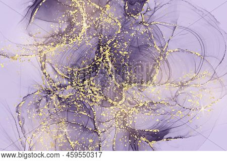 Dark Violet Liquid Marbled Watercolor Background With Golden Cracks. Puple Marble Alcohol Ink Drawin