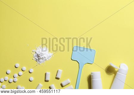 Titanium Dioxide, E171, Dangerous Additive Concept. Gum, Pills, Toothpaste, Powder And Sign With Spa
