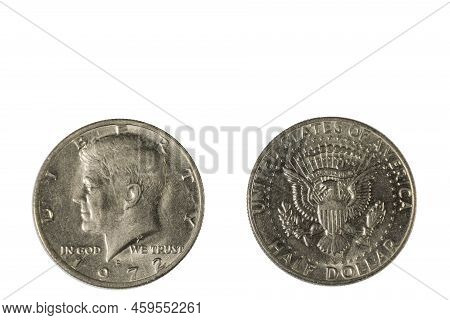 Close Up View Of Front And Back Side Of Half Usa Dollar Coin Dated 1972. Numismatic Concept.