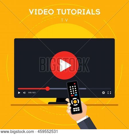Video Tutorial On Tv. Distance Education On Smart Tv With Remote Control. Online Learning At Home. D