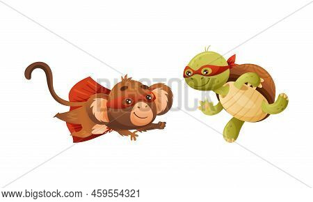 Superhero Animal Kids Set. Funny Monkey And Turtle In Red Capes And Masks Cartoon Vector Illustratio