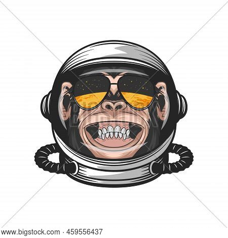 Vector Smiling Chimpanzee Ape With Astronaut Helmet, Funny Monkey With Cosmonaut Mask For Space Expl