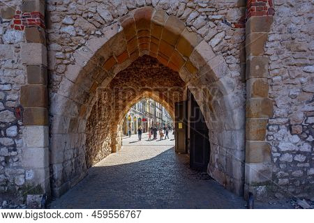Krakow, Poland - 14 March, 2022: Particular The St. Florian's Gate, North Side, Mix Of Millenary His