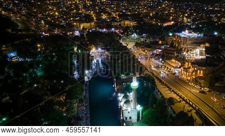 Aerial View Of Balikligol, Rizvaniye Mosque And City Lights In The Night Time. Most Popular And Visi